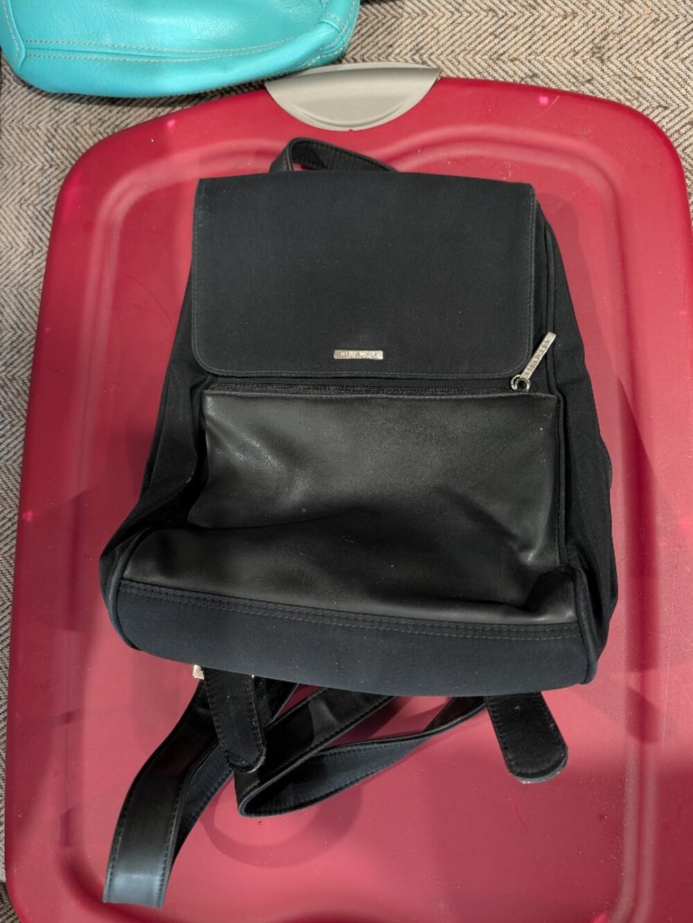 Nine West Black Flap Backpack Purse – Polyester & Faux Leather